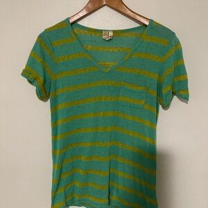 BKE Green and Mustard Striped V-Neck Pocket Tee